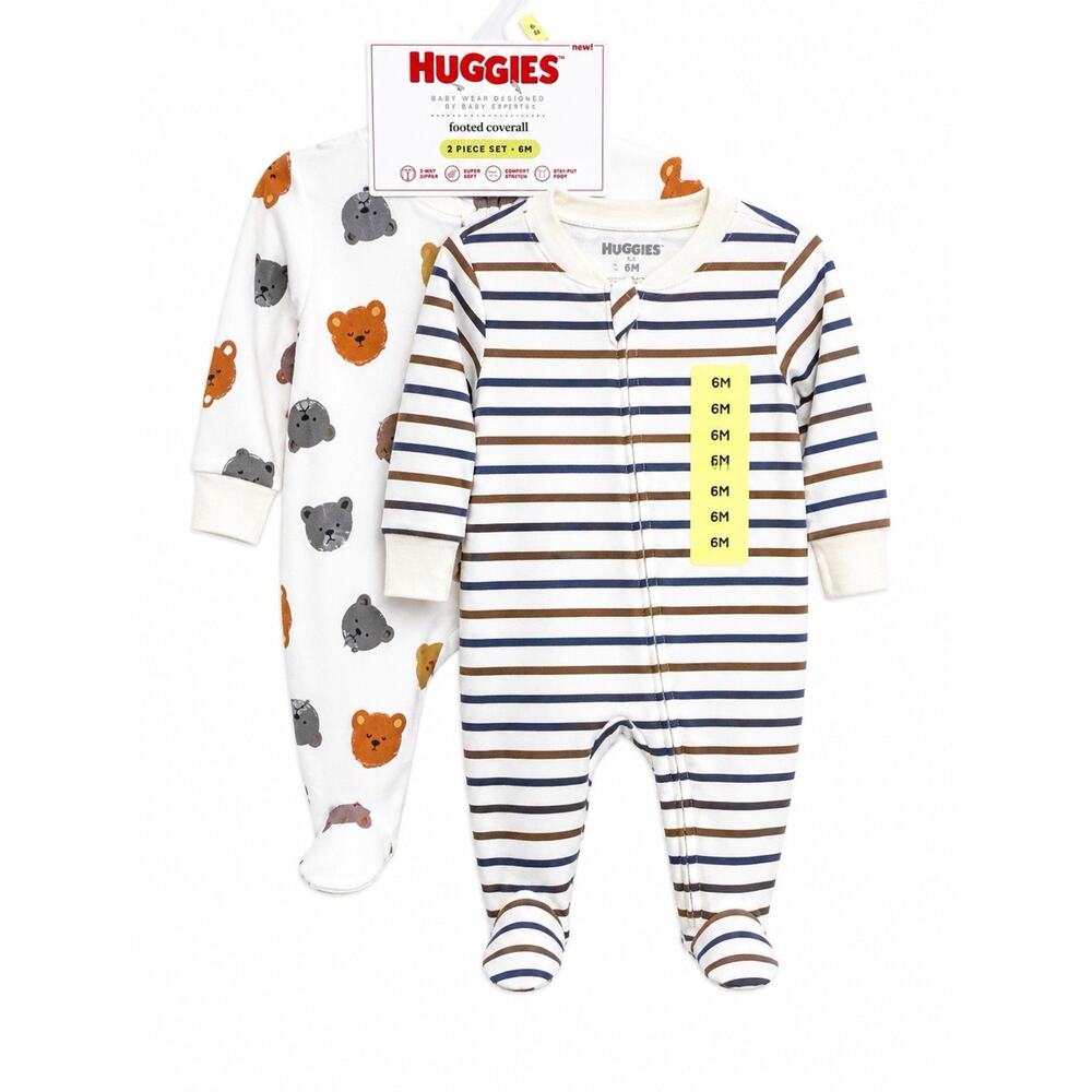 Huggies Baby Footed Coverall 2 Piece Set 6M Bear Print Striped Zip Pajamas NWT